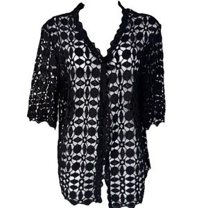 Belle Poque Crochet Lace Cardigan Women XL Black One Button Sheer Geometric